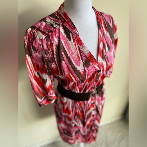 BOSTON PROPER BELTED BUTTON FRONT DRESS, RED/PINK/BROWN/WHITE, US SIZE 10 - Picture 6 of 8